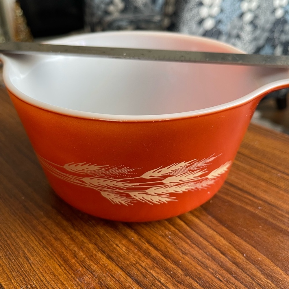 Vintage Pyrex Orange casserole with White Wheat Design